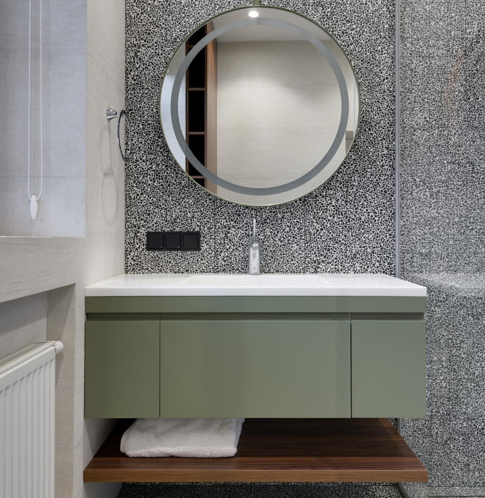 Виготовлення меблів в санвузол. Стільниця з акрилу з умивальником і прихованим зливом Підвісна тумба в санвузол під умивальник оливкового кольору без ручок - KOG group